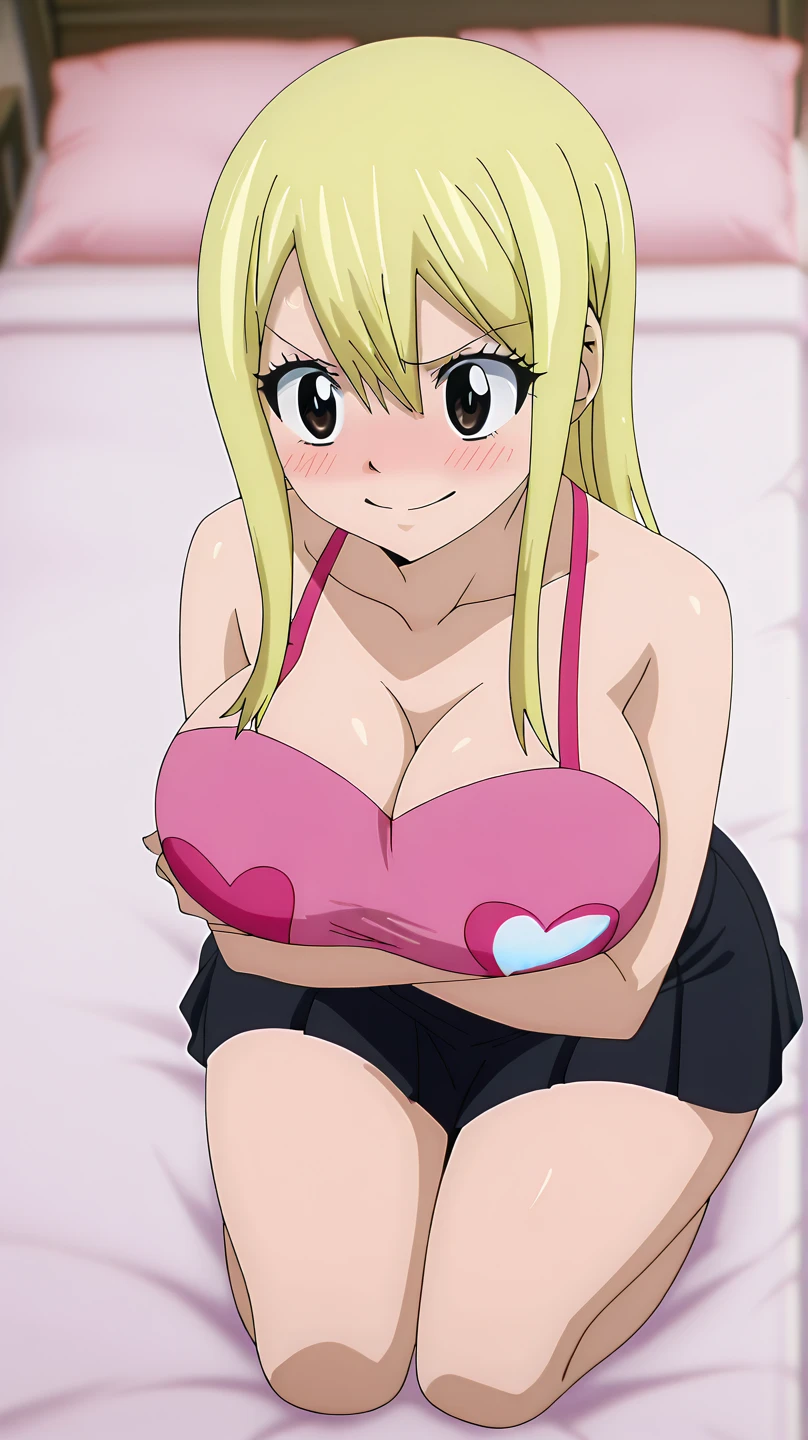 ((masterpiece)), ((best quality)), lucy heartfilia, big breast, tank top, mini skirt, very detailed, anime screencap, sitting on bench, outside, garden