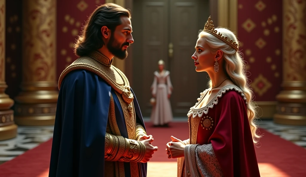 a fantasy scene of an alliance between an elven mage and a human king in the ballroom of the king's castle, detailed fantasy characters, intricate architectural details, ornate decor, dramatic lighting, dynamic camera angle, cinematic composition, vivid colors, masterpiece, hyper realistic, 8k, photorealistic
