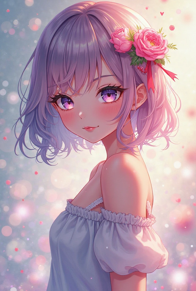 Full-body image, Highest quality possible, Greatest possible realism, delicate and feminine femboy, her hair is half purple and half pink, Her skin is white and delicate, under your skin is a golden, shiny powder, their eyes are different colors each one has a different color, he is cheerful and loves butterflies and flowers, wears a heart necklace and choker, he is elegant and has noble origins, he also loves swords and eating sweets, is always taking both things.