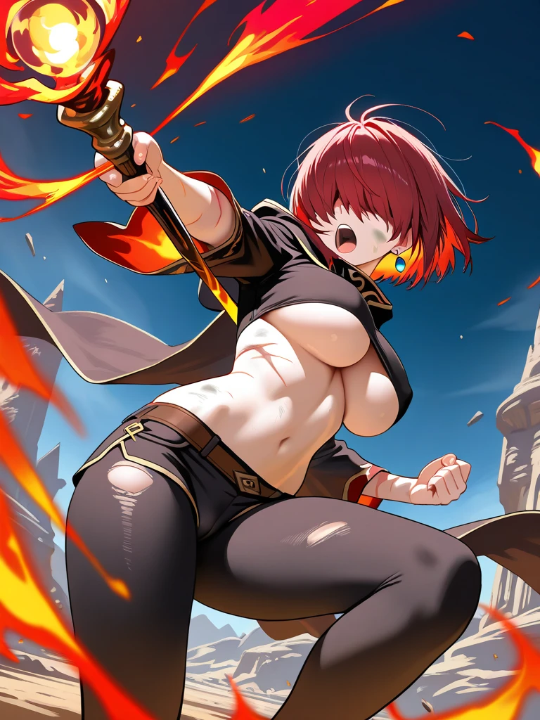 red cloak、front、red eyes、naked、(((pubic hair)))、female organ、strong wind、storm、tattoo、Beautiful Girl Magician、Red-haired twin tails、((whole body))、(((photo taken from below)))、darkne magic circle