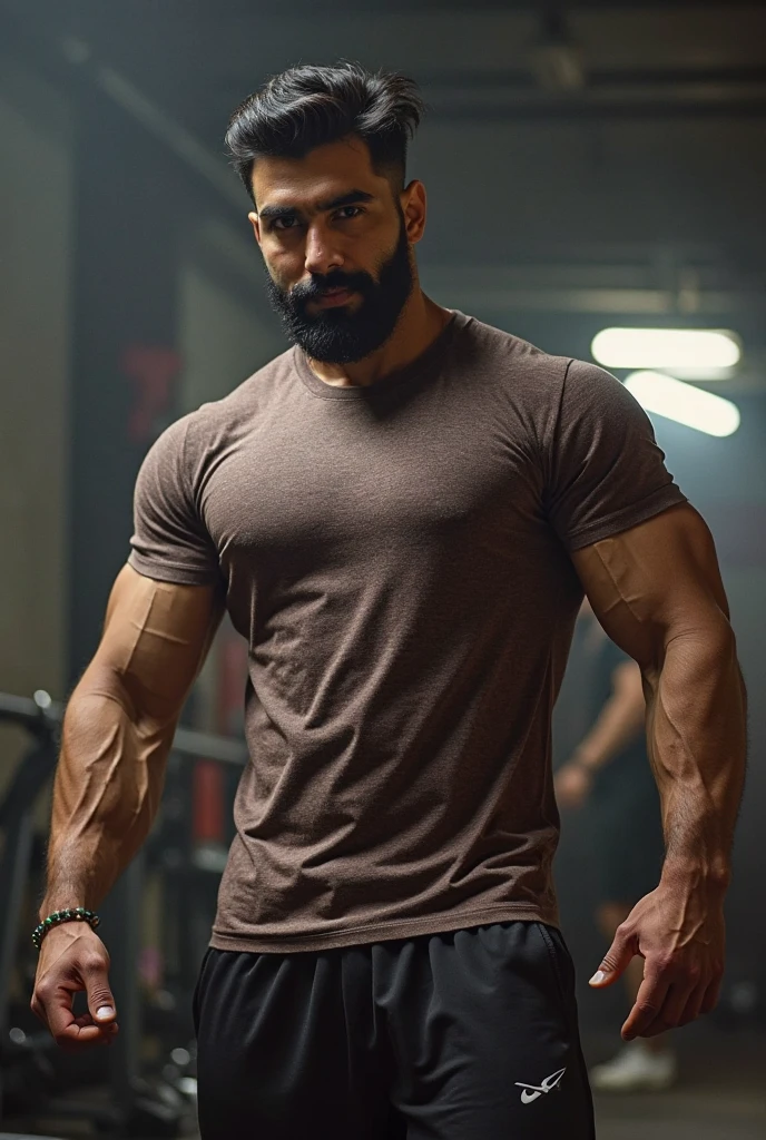 A smart indian men with long hair, wearing light weight track pant with text "THE ZOVEN" and doing workout , with viewing full length of track pant
