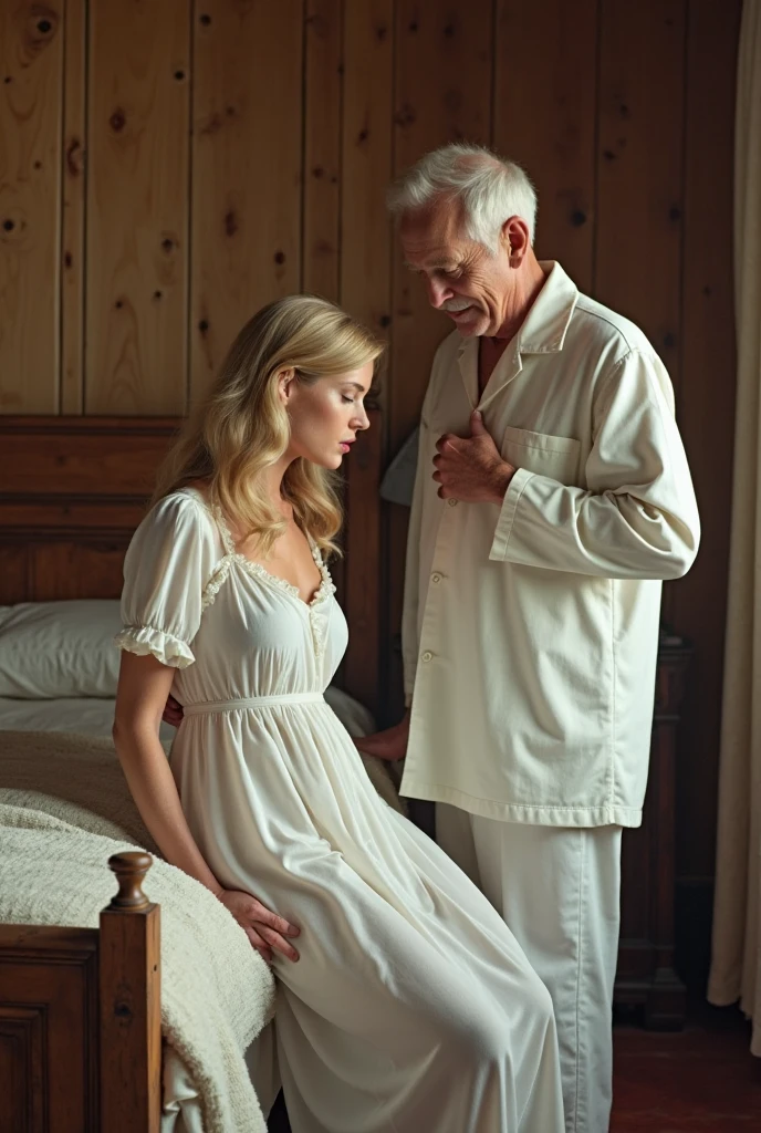 ( Absurd , High quality , ultra detailed, careful to hand drawing ) two men , mature , gay couple , older man, soft teenager boy , age difference , lying in royal bed , lingerie , sweat , whole body , Glove Kink