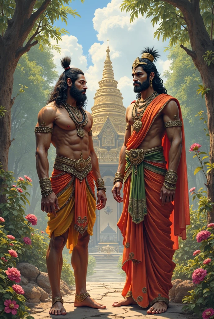 there are two people standing in the realistic mountain with a spear, lord shiva, shiva, hindu gods, god shiva the destroyer, hinduism, ghutra and egal,hindu art, hindu god, godness, attractive male deity, hindu aesthetic, devainart, indian god, beautiful godrays, indian goddess,