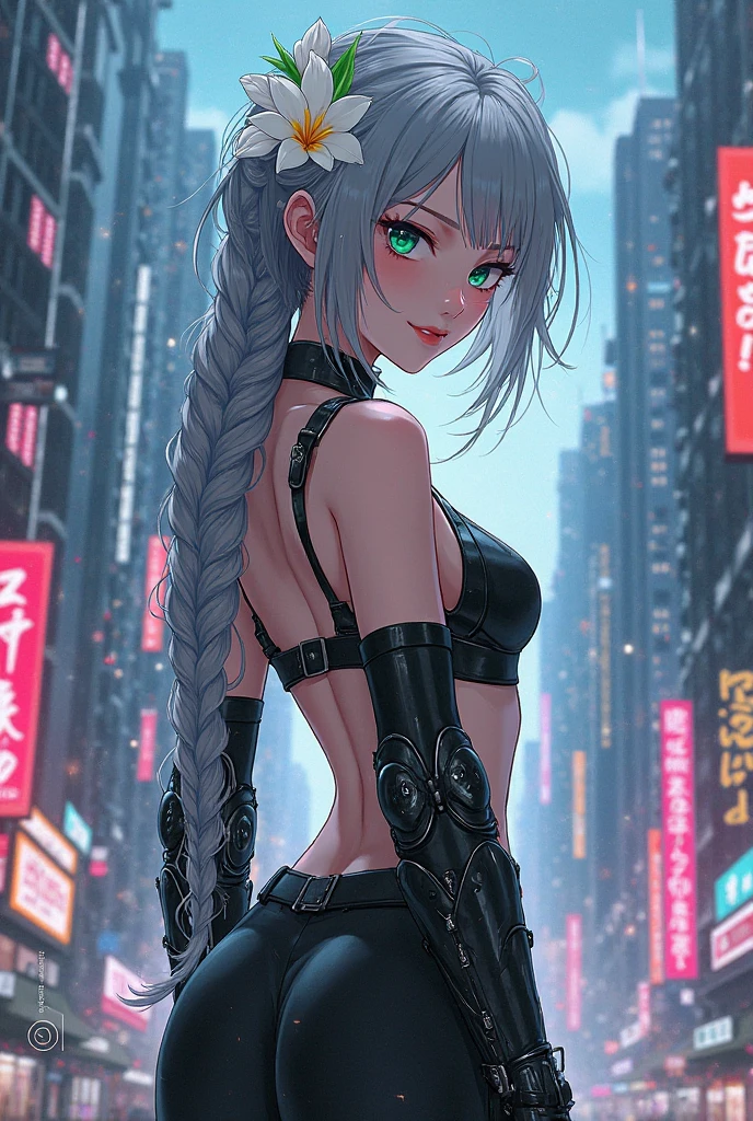 appearance - 21 years old, Japanese emo, Blue eyes, silver hair tied in a high ponytail, athletic build, medium-sized firm and toned breasts, firm peach-shaped ass, Full arm dream catcher tattoo, stud earrings in the ears. clothes - blue translucent blouse, leather skirt, fits snugly around the butt and legs, White transparent tights, lace bra and lace thong.