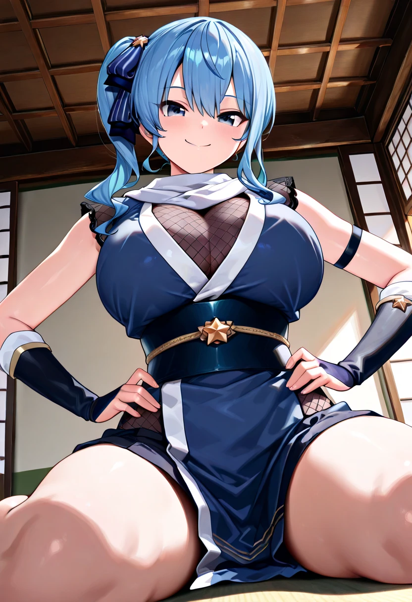 a woman wearing a uniform (Aqua, Kono Subarashii Sekai ni Shukufuku wo! ), long white hair, ponytail hair, pigtails, blue eyes, smiling, standing in a fantasy medieval city, blurred background, big breasts, HDR , ultra resolution, sharp, masterpiece, 8K HD (solo woman)