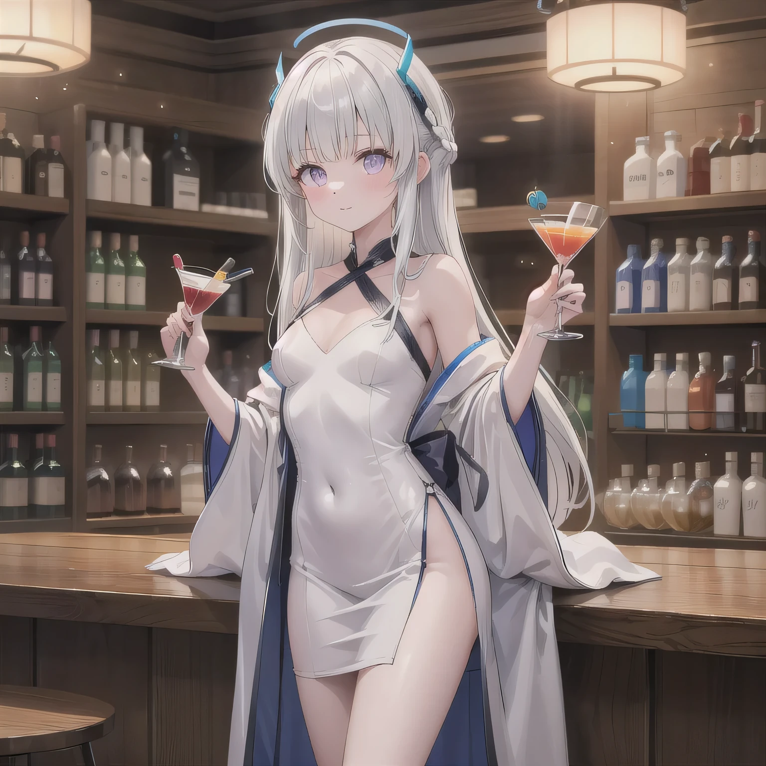 Masterpiece, white hair, blue eyes, expressive eyes, beautiful woman, Playboy Bunny costume, long hair, thin waist, hip girl, thin legs, in a bar