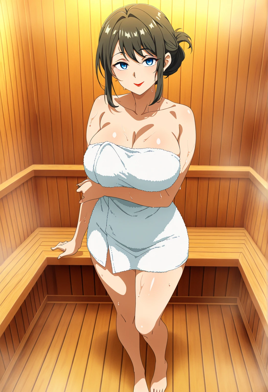 score_9, score_8_up, score_7_up, anime_font,
kiwiaraga, kiwi araga, bangs, ahoge, mole, mole under the eye, purple eyes, green hair, bun, double bun,
alone, big breasts, blush, naughty face, big breasts, beautiful skin, beauty, extraordinarily beautiful woman, attractive woman, super sexy,)), mouth closed, looking at viewer, serious, satisfied smile, sitting, legs open, support for elbows, indoor sauna, steam, wood, sweat, shiny skin, towel, completely naked, resting, the towel covers a small part of her body,