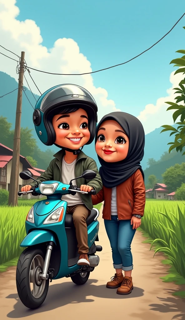 Two muslim cartoon sisters with longscarf are very happily riding the motorcycle with super speed eventhough it is rainy along the road with the view of paddyfield, . Do not show their hair