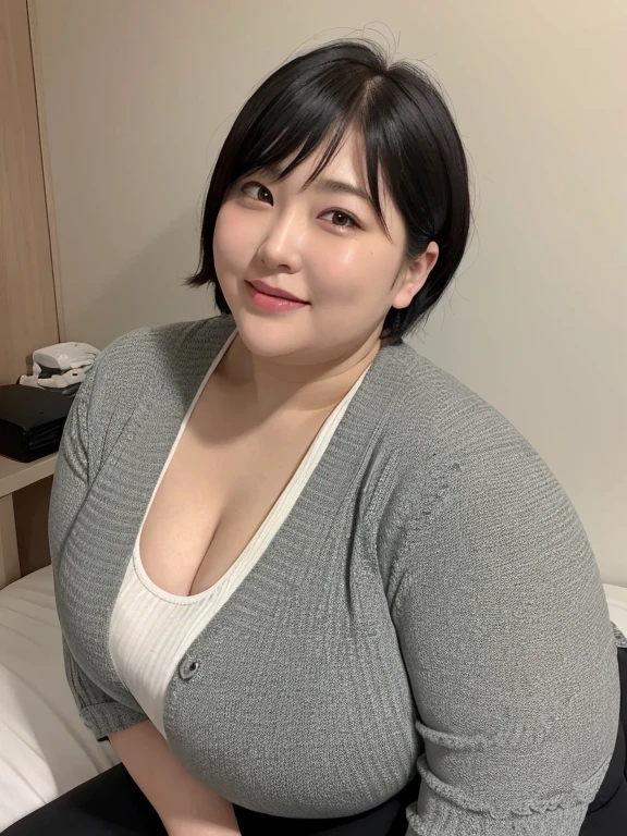 40 years old, Japanese super obese mature woman, super obese, ssbbw, one woman solo, close-up of upper body, ((looking at the viewer)), ((bent down)), face waiting for a kiss, forward leaning posture, (pixie cut), black camisole, cleavage, Super big breasts, (chubby face:1.3), (Super obese chubby body:1.2), black side tie panties, cardigan, (apartment room), sexual smile