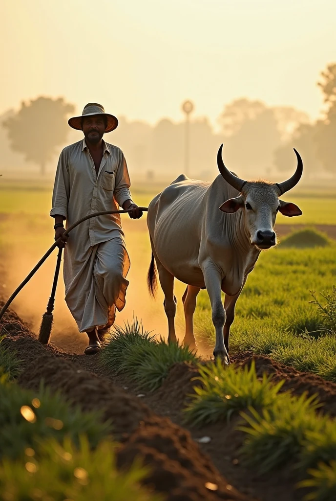 A Indian farmer ploughing with bull in the rice field