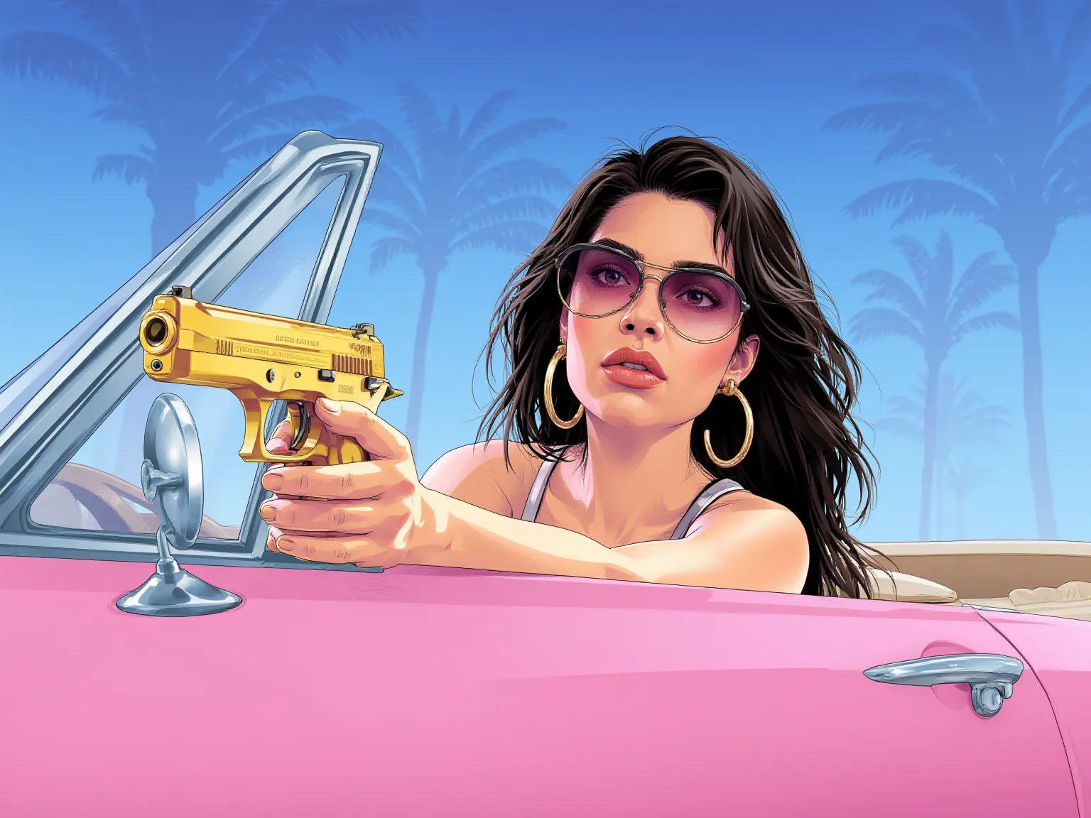 desenho de uma mulher nude de parada na frente de um carro rosa, arte estilo gta vice city, Estilo de arte do GTA Vice City, in style of digital illustration, parado na frente do lowrider, no estilo da pintura digital, arte digital. @mariomaniacdude, Estilo de arte GTA, stylized digital illustration, Miami. illustration, estilo de obras de arte de gta v