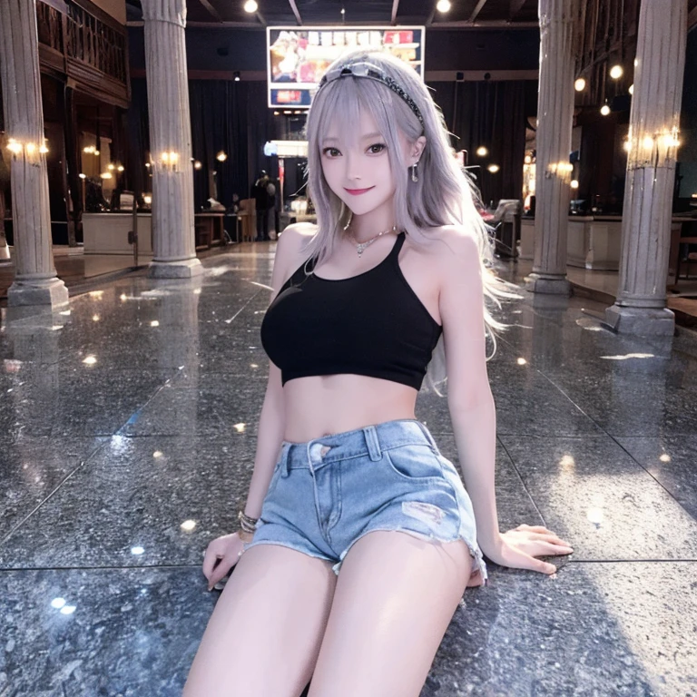 Browsing Caution (Highest quality:1.5, High resolution, 超High resolution, 4K, Detailed lighting, Shaders)(masterpiece:1.2), Very detailed, Illyasviel von Einzbern {{Red colored eyes}}++ alone, Cowboy Shot,Long Hair, Gray Hair, Red eyes, White tank top Denim shorts M-shaped foot sneer Beautiful beaches Realistic sun rays topless Completely naked Please roll up your shirt Sweat Outdoor ((night)) Starry Sky