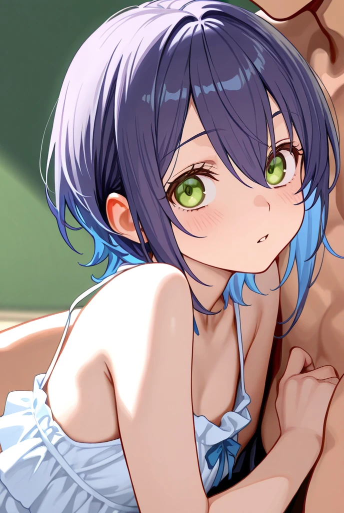 Nsfw,(((1girl,1boy,fellatio))),All fours,crawling ,slender limbs, delicate curves, dainty hands, tiny feet,Middle breast,(((beautiful thighs))) ,(Day:1.7), on the grass field,in the forest,blue sky ,from back,
(((Mjurran,realistic white lace bra,detailed white lace panties ))),
(((Green hair,green_short_hair,green_eye,)))
masterpiece ,8k unity wallpaper,anime key visual,highest quality, High resolution, unity 8k wallpaper, (shape:0.8), highly detailed face,highly detailed eye,glowing eyes , shiny skin,fine skin,white skin,dense skin,detailed hair,highly detailed legs,perfect lighting, Detailed CG, (perfect hands, perfect anatomy),High resolution,anime key visual,Kyoto Animation,(Detailed wear ),
