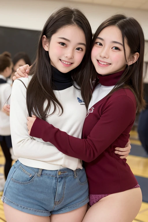 best resolution, 2heads, half-body shot, korean woman with two heads , brown hair, blonde, pixie cut and ponytail, different faces, schooluniform, school background