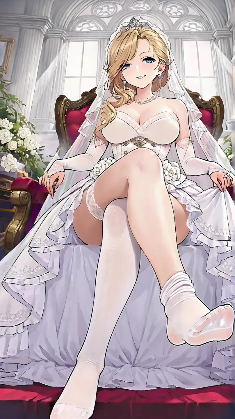 wedding dress, long blonde hair, sitting, hourglass figure, huge breasts overflowing cleavage, (background black couch, detailed walls, crowd behind, warm light), realistic,  