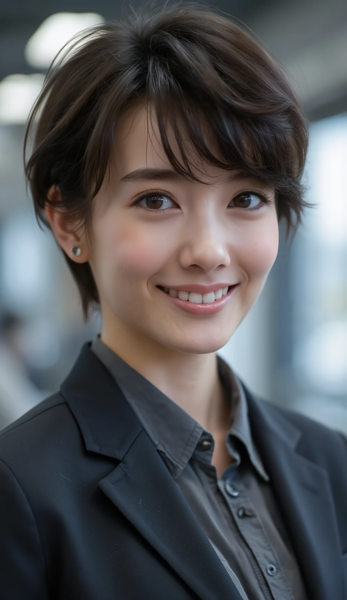 Neat Young Woman、and look at the camera、dark eyeshadow、 pale brown hair、Hairstyle Shortcuts、歯を見せた笑顔、office lady suit、jacket、shirt、、Background is in a room、
