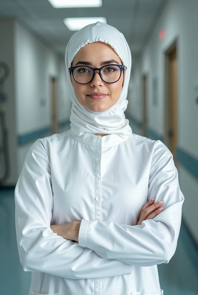 (56 Years Old), (Photorealistic beautiful Hijab Indonesian Mature woman), doctor、stunningly beautiful、doctors white coat, Collared shirt、(top-quality、8K、32K、masterpiece、nffsw:1.3)、超A high resolution,(Photorealsitic:1.4),Raw photography, Detailed face, (Curvy Body), (Beautiful hijab woman), ((Doctor Style)), , Black tight skirt、 Natural makeup,, (large full breasts : 1.4)、inside hospital, Detailed background, Perfect Lighting, depth of fields, Beautiful shadow gradient,stethoscope .