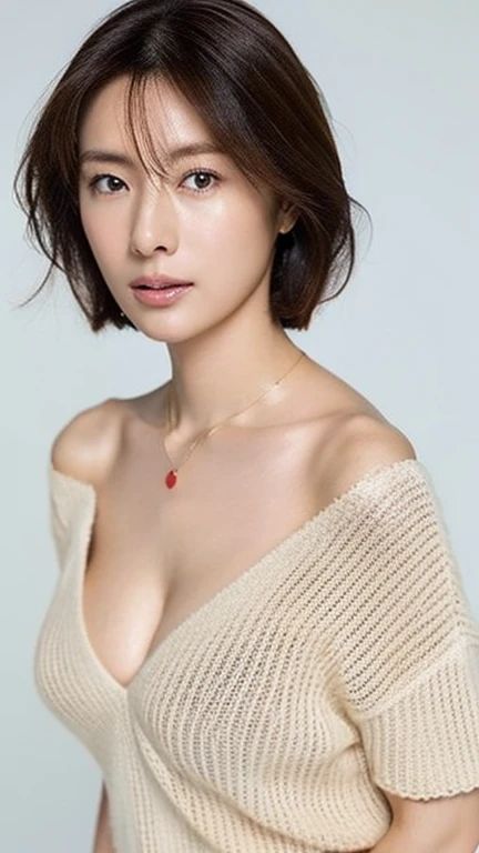 ((highest quality, 8K, masterpiece :1.3)), 1 girl, pretty woman with thin abs :1.3, (medium short hair, huge breasts :1.2), wool pajamas:1.1, super detailed face, fine eyes, 
