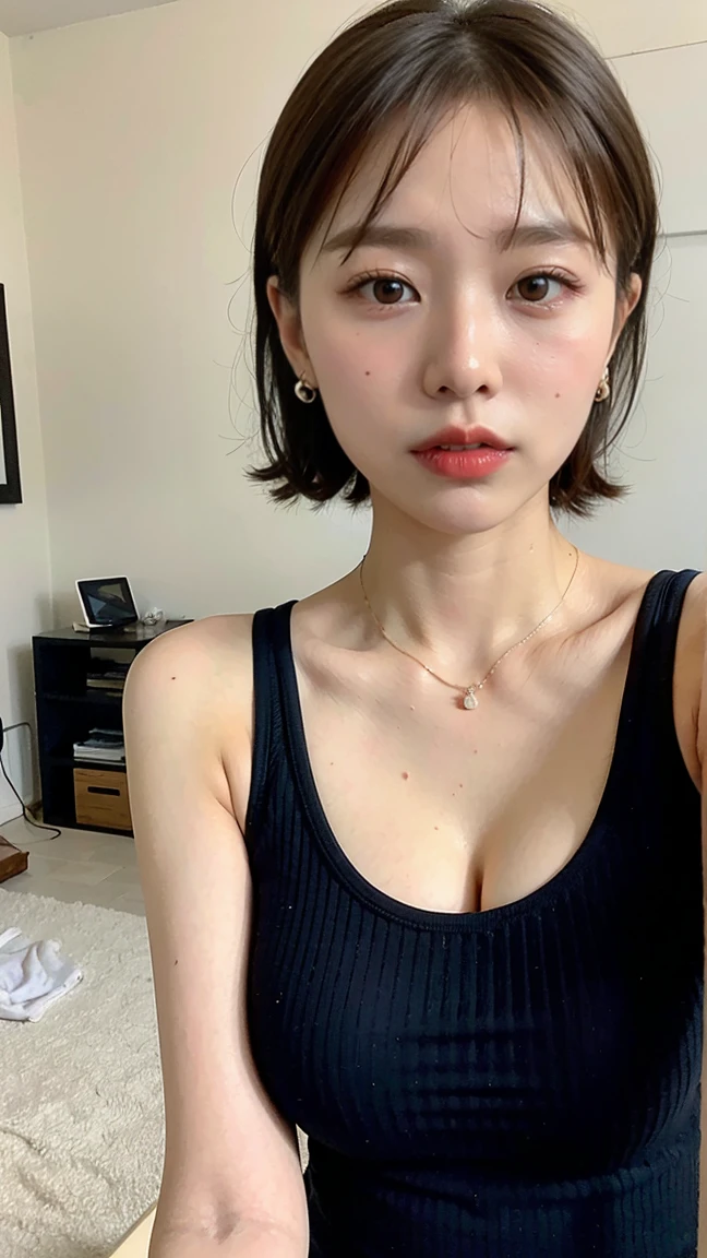 (real, High resolution:1.3), One girl with a perfect body, Very beautiful face and eyes,Long Hair, Random color tank top:1.2, Short jeans, Big Breasts,Exposing cleavage, In the bedroom, ((Highest quality, 8K, masterpiece: 1.3)), Sharp focus: 1.2, Beautiful woman with perfect body: 1.4, Slim abdomen: 1.2, ((Layered Haircut, Large Breasts: 1.2)), (No bra) (Small beautiful hard nipples),Highly detailed face and skin texture, Fine grain, double eyelid, High-quality fabric, Beautiful and polite face,sexy,Exposed shoulders, Overflowing breasts,Big Breasts:2.0,,Breasts spilling out of clothes