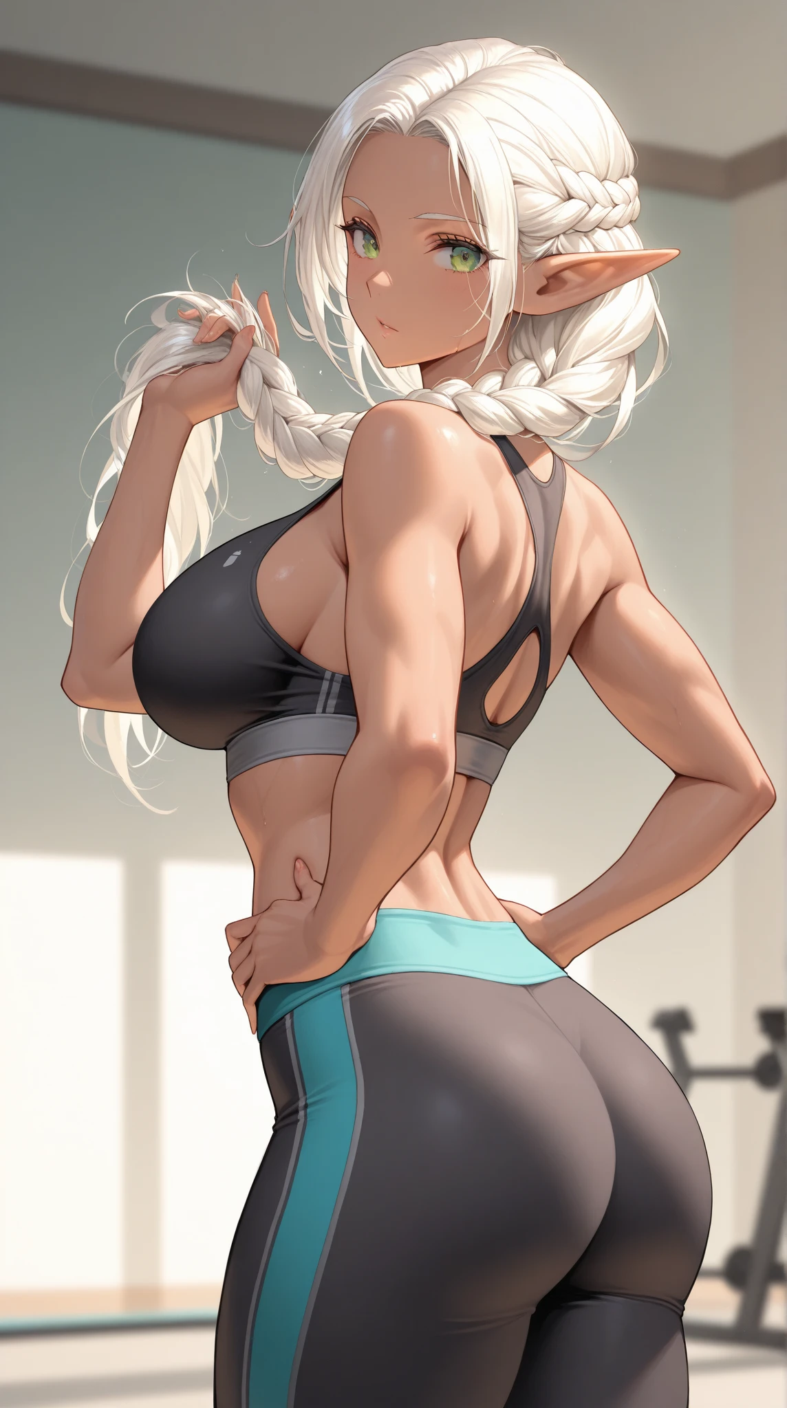 absurdres, [perfect shadows and lighting], incredible high-key lighting, masterpiece, high quality, detailed, extremely detailed, ambient soft lighting, 4K, 1girl, , wearing red sports bra, black leggings, cute fit, standing pose, arms at sides, simple background, blue eyes, white hair, blonde hair, high ponytail, arms behind back, looking at viewer