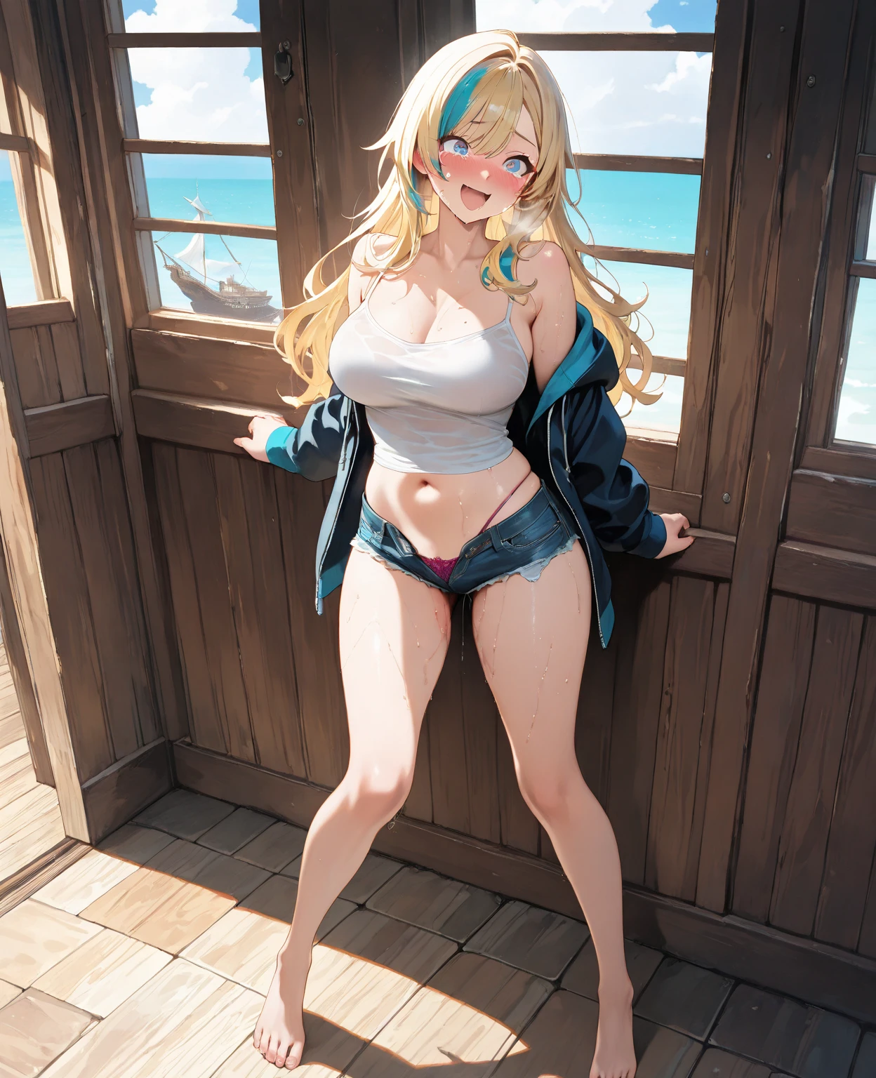 masterpiece, extremery magnificent view, perspective, extremery best quality, extremery detailed CG, 8k wallpaper, high resolution, highly detailed face, highly detailed eyes, perfect anatomy, super detailed skin,
(dynamic angle, dynamic pose:1.2), outdoors, sandy beach, soothing waves, (portrait, legs focus, full body), (beautiful face, beautiful eyes, beautiful legs:1.3),
1 girl, solo, (bikini top, blue jeans pants:1.3), (skinny jeans:1.3), medium breasts, blonde hair, long hair, floating hair, straight hair, open forehead, (barefoot), blue eyes, skinny, slender, wide hips, thin waist, in the water, wet