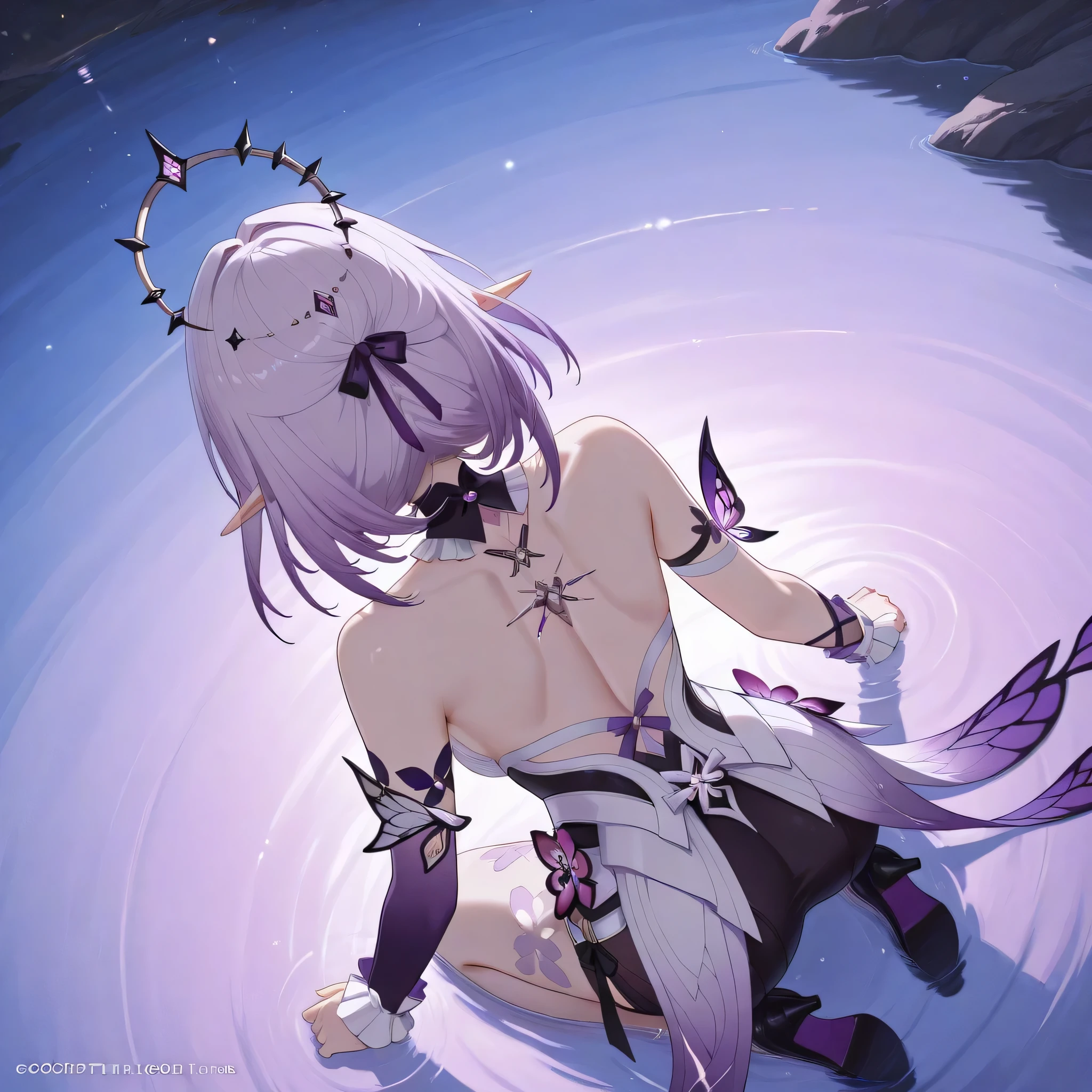 castorice honkai star rail, cool expression that shows off her confidence, kneeling, looking at reflection in water below, view from above, showing back, showing her reflection in water