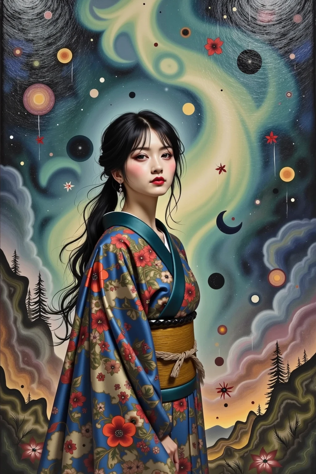 featuring auroras、写実的な油絵のscenery画, women in kimonos、solo、dark eyes、black hair、fine art,scenery,nature,Mysterious,fantastic,dynamic on the aisle,colorful,real,dramatic,4K,8K,high definition,masterpiece,ultra-fine,フォトreal,HDR,UHD,studio lighting,Advanced Techniques,Clear Focus,physically-based rendering featuring auroras,professional,Vivid colors,Bokeh