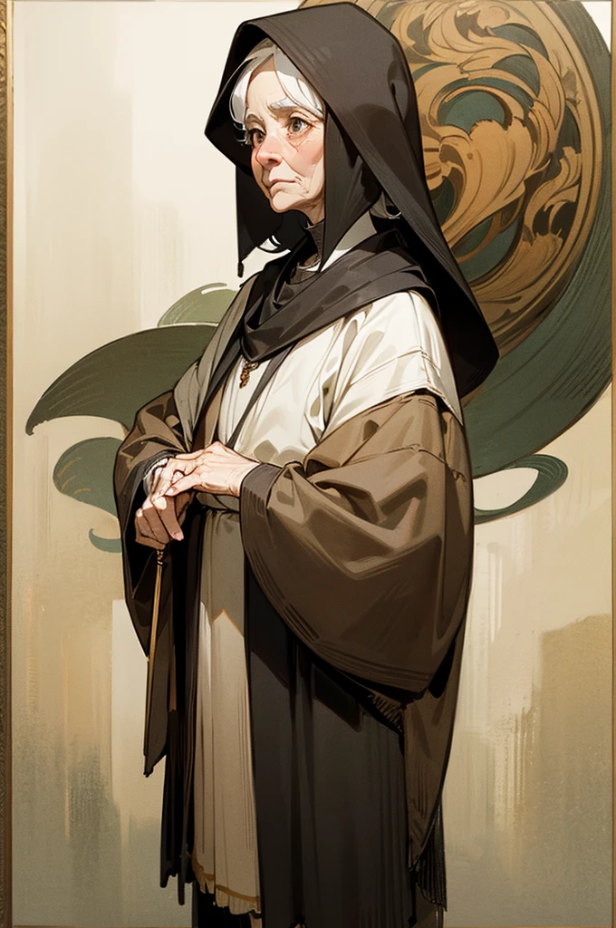 digital art, highly detailed, reference sheet, standing pose, legs uncrossed, hand pulling at cheek, feminine features, dark skin, overweight, curvy, corpulent, portly, mature woman, adult female, whole body, bald, form-fitting, abaya dress, scarf, long sleeves, long skirt, shoes, 1woman, solo, upper body, lower body, ((Extremely Detailed)), ((Best Quality)), ((Masterpiece)), ((4k)).
