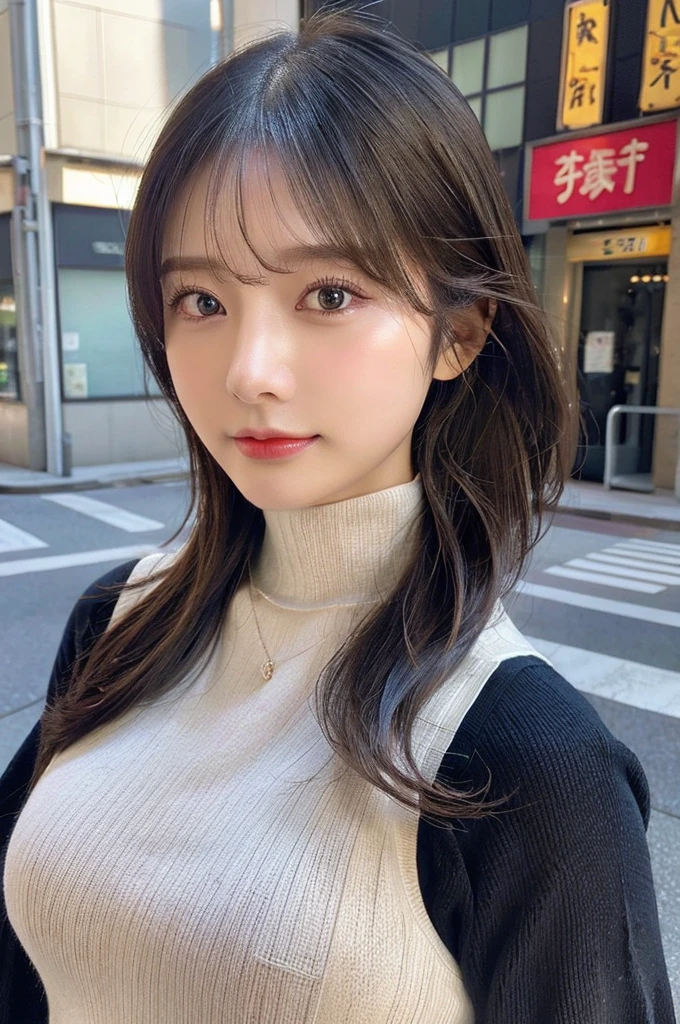 table top, highest quality, shape, Super detailed, finely, High resolution, 8k wallpaper, 完璧なダイナミックな構shape, beautiful and detailed eyes, black trend knit dress, small breasts, natural color lip,gentle smile,20 year old girl、beautiful and detailed face、perfect and beautiful face,Big eyes、beautiful detailed face、perfect and beautiful double eyelids、blur the background、perfect and beautiful face、Feminine poses、blur background、slim face and style、blur background、straight hair、Bedroom(navy sheets)、Take a full body photo、real photos
