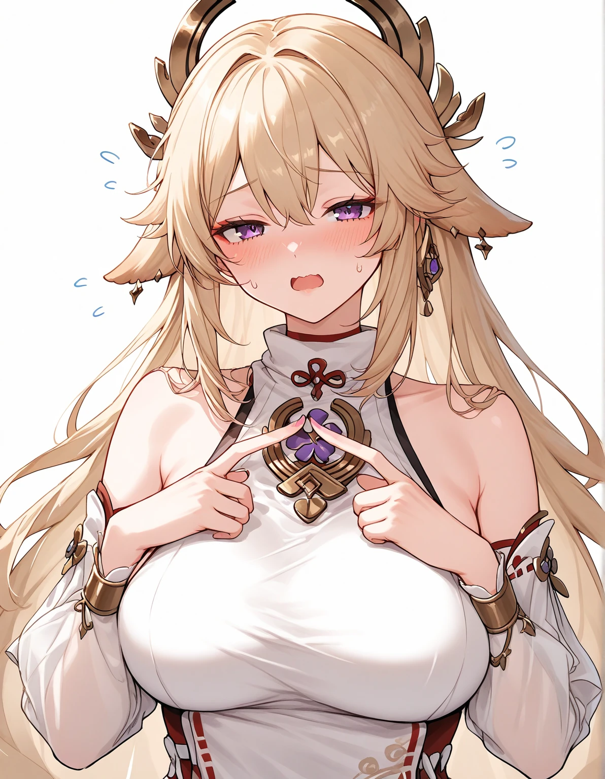girl anime style short white and gold skirt seductive pose medium breasts blonde long hair flushed cheeks belly-baring