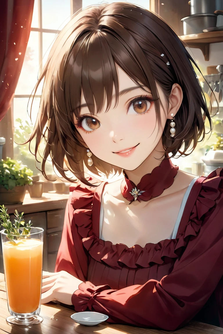 Young woman at a dinner party、Black Hair、short hair、Large, bright black eyes、eyelashes are long、A kind and friendly smile、Skin has a bright and healthy tone、Ears pierced、Wearing a red dress、Cool off-the-shoulder design、Holding a glass of wine in your right hand