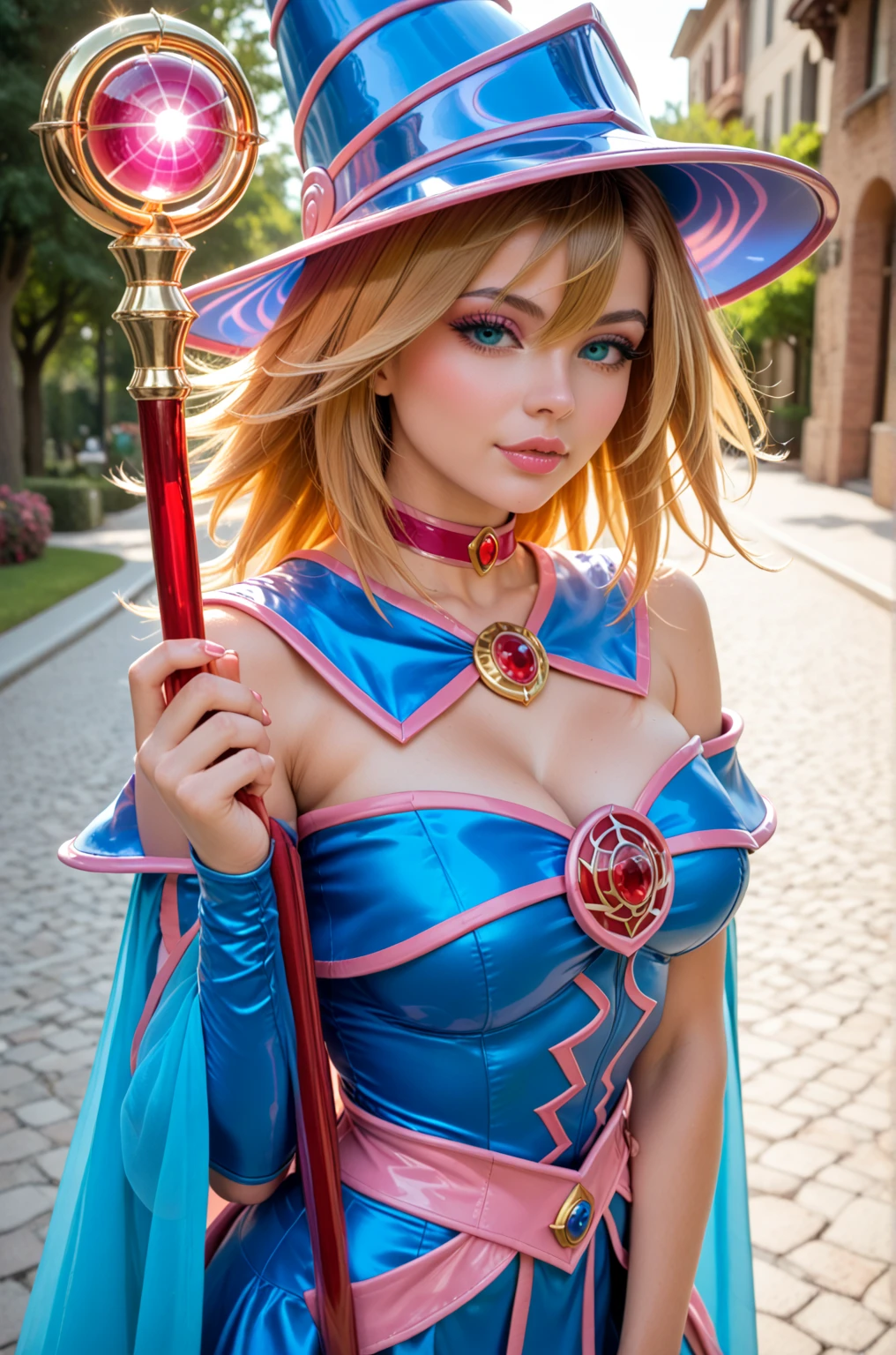 (masterpiece:1.2), (best quality:1.2), dark wizard girl, small breasts, neckline,.hat, facing forward, Smile,