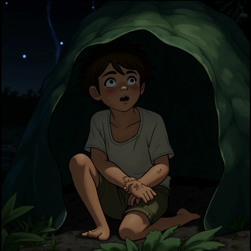A boy hiding and scared in the reed vegetation in a swamp at night