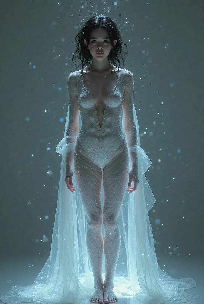 woman translucent spririt with afro, black background, full body