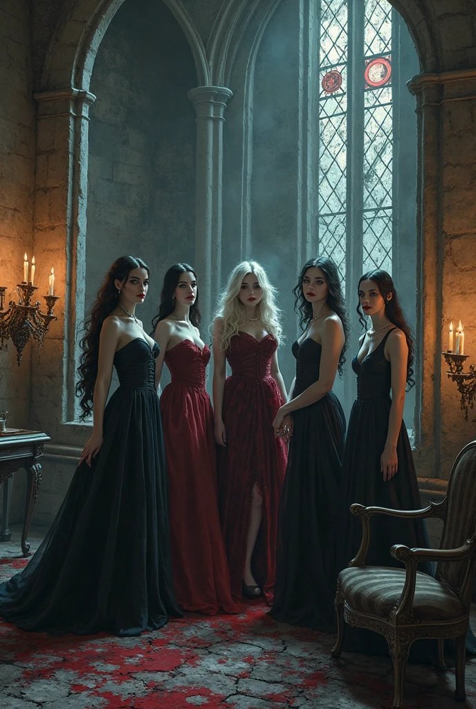 5 sorcières gothiques sexy, devant un château en ruine, Beaux yeux détaillés, belles lèvres détaillées, visage extrêmement détaillé, long cils, Élégante robe sombre, 5 filles,pose dramatique, éclairage maussade, ciel nuageux dramatique, atmosphère sombre et mystérieuse, composition cinématographique, Photoréaliste, ultra-détaillé, 8k, Meilleure qualité, chef-d'œuvre, 5 filles