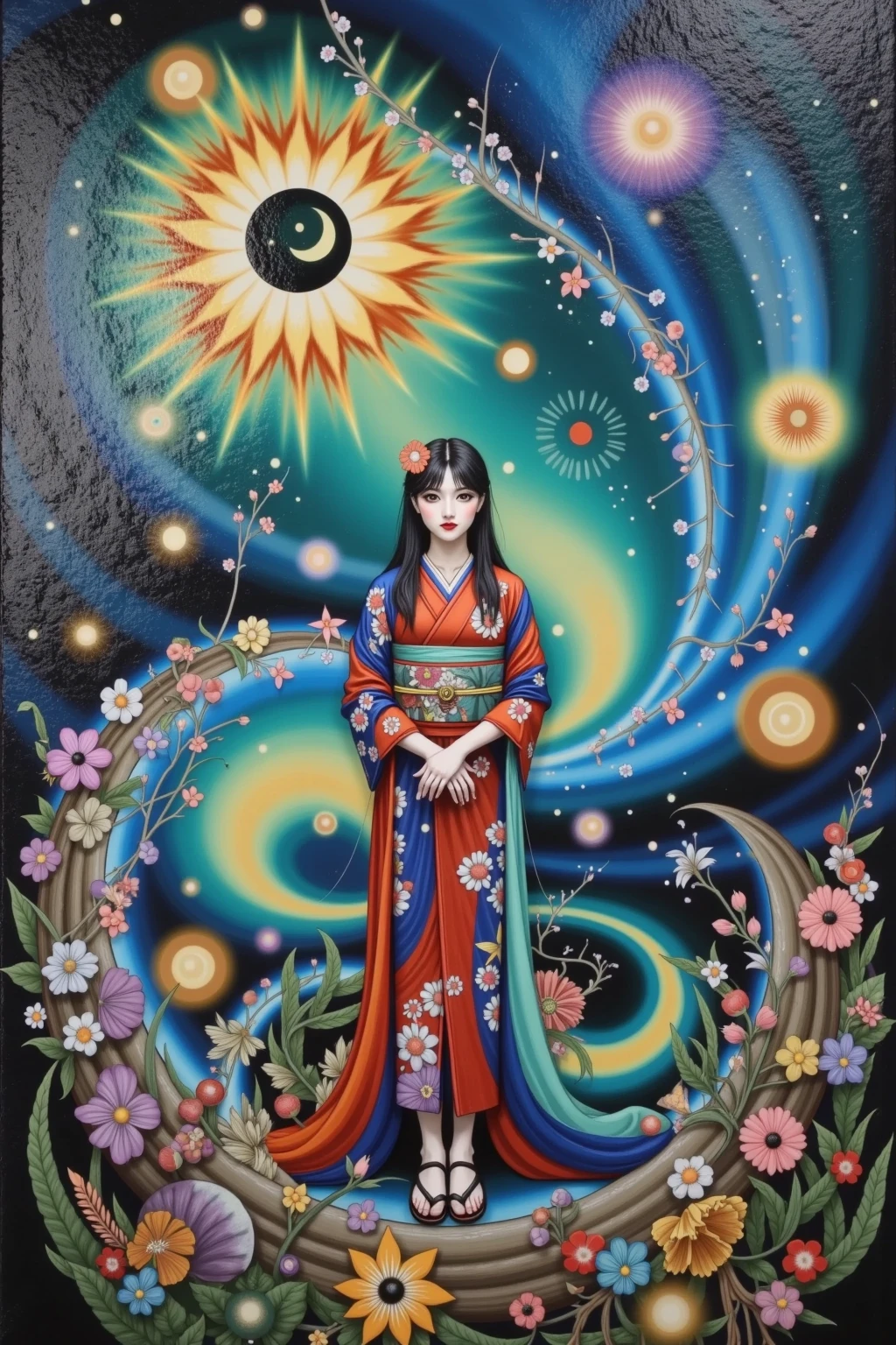 featuring auroras、写実的な油絵のscenery画, women in kimonos、solo、dark eyes、black hair、fine art,scenery,nature,Mysterious,fantastic,dynamic on the aisle,colorful,real,dramatic,4K,8K,high definition,masterpiece,ultra-fine,フォトreal,HDR,UHD,studio lighting,Advanced Techniques,Clear Focus,physically-based rendering featuring auroras,professional,Vivid colors,Bokeh