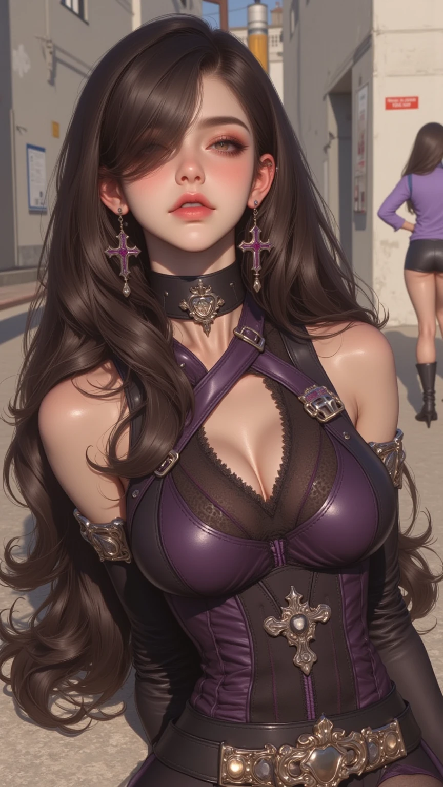 (masterpiece:1.2, best quality), (real picture, intricate details), (1lady, solo, curvy upper body, big ) The clothes are violet and gold ar:avant-garde,avant-garde,Experiment with appearance:curlies,Dramatic makeup,Unconventional fashion choice behavior:rebelliousness、non-conformist、Provocation location:demon eyes,urban art district、Underground music venues Hobbies:Particiwpation in punk shows、creating mixed media art、Try different subcultural values:individuality、Realiy、Creative expression of inspiration:goth artmusic、Counterculture icons,Avant-garde art movement character traits:boldness、boldness、act outside the box,detailed eyes, detaield hands, detailed face, elf woman, full body