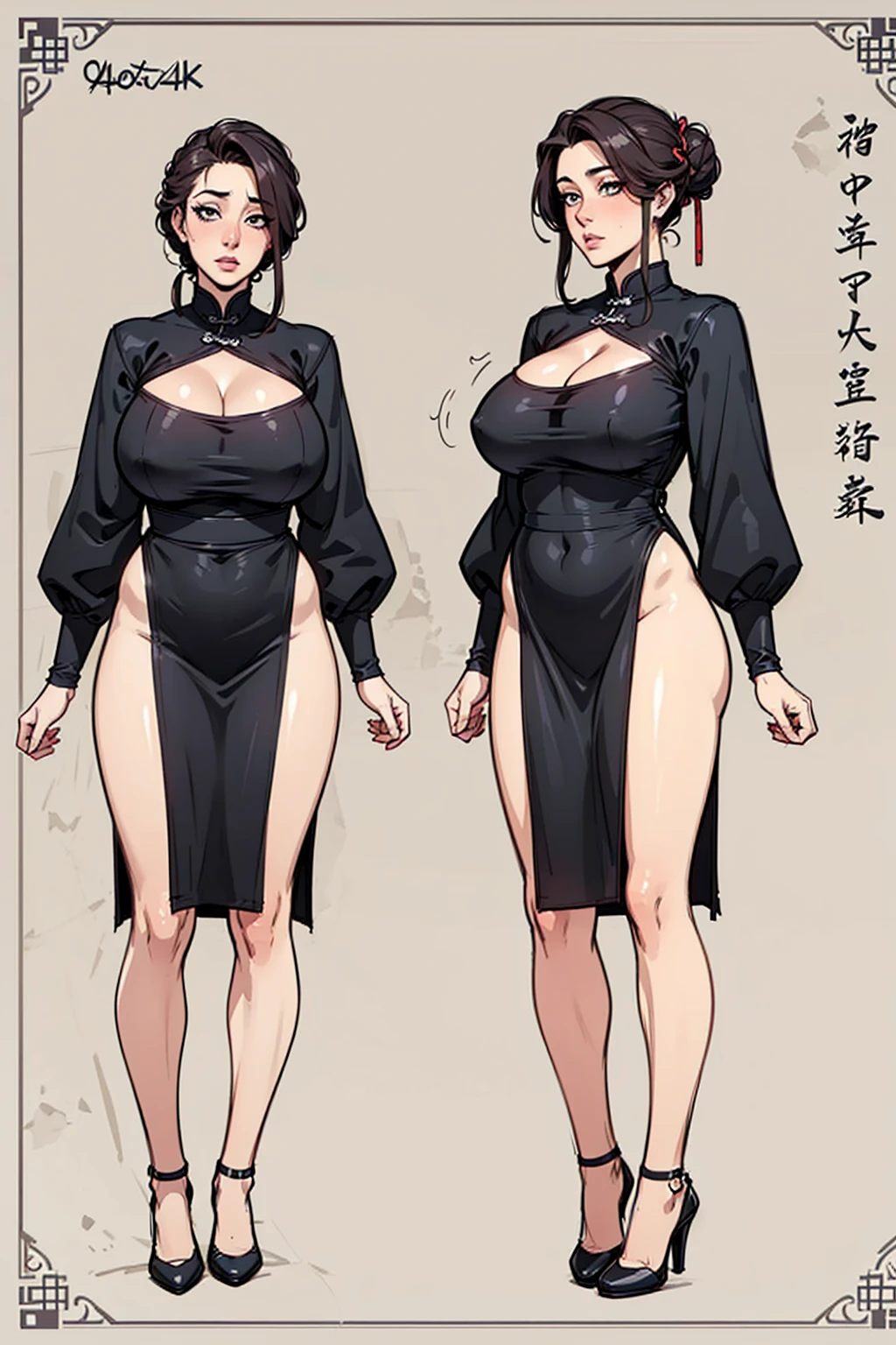 girl, solo, full body, from head to toe, standing, (Huge_Breasts:1.3),
Character Design Sheet, character reference sheet, character turn around,
1girl, short hair, red hair, ,sexy Chinese dress, sexy, short skirt, cleavage, Chinese dress, dress