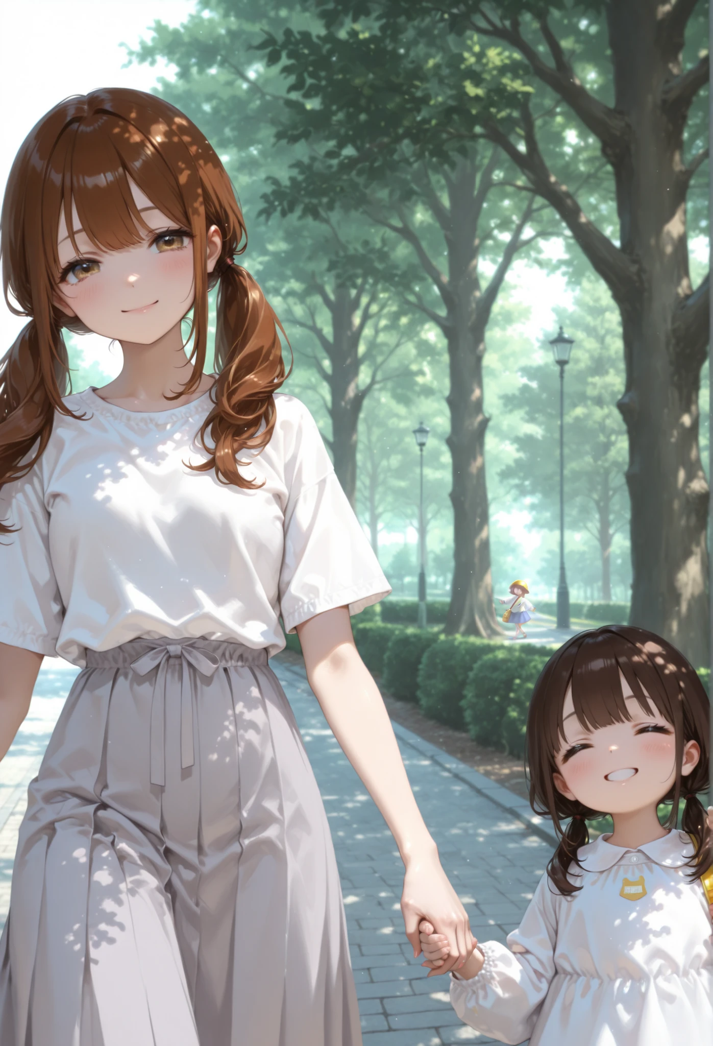 Hair、plain white t-shirt、Grey Long Skirt、smile、walking in the park、Caramel brown、low twintails、Holding Hands、white kindergarten clothes、kindergarten