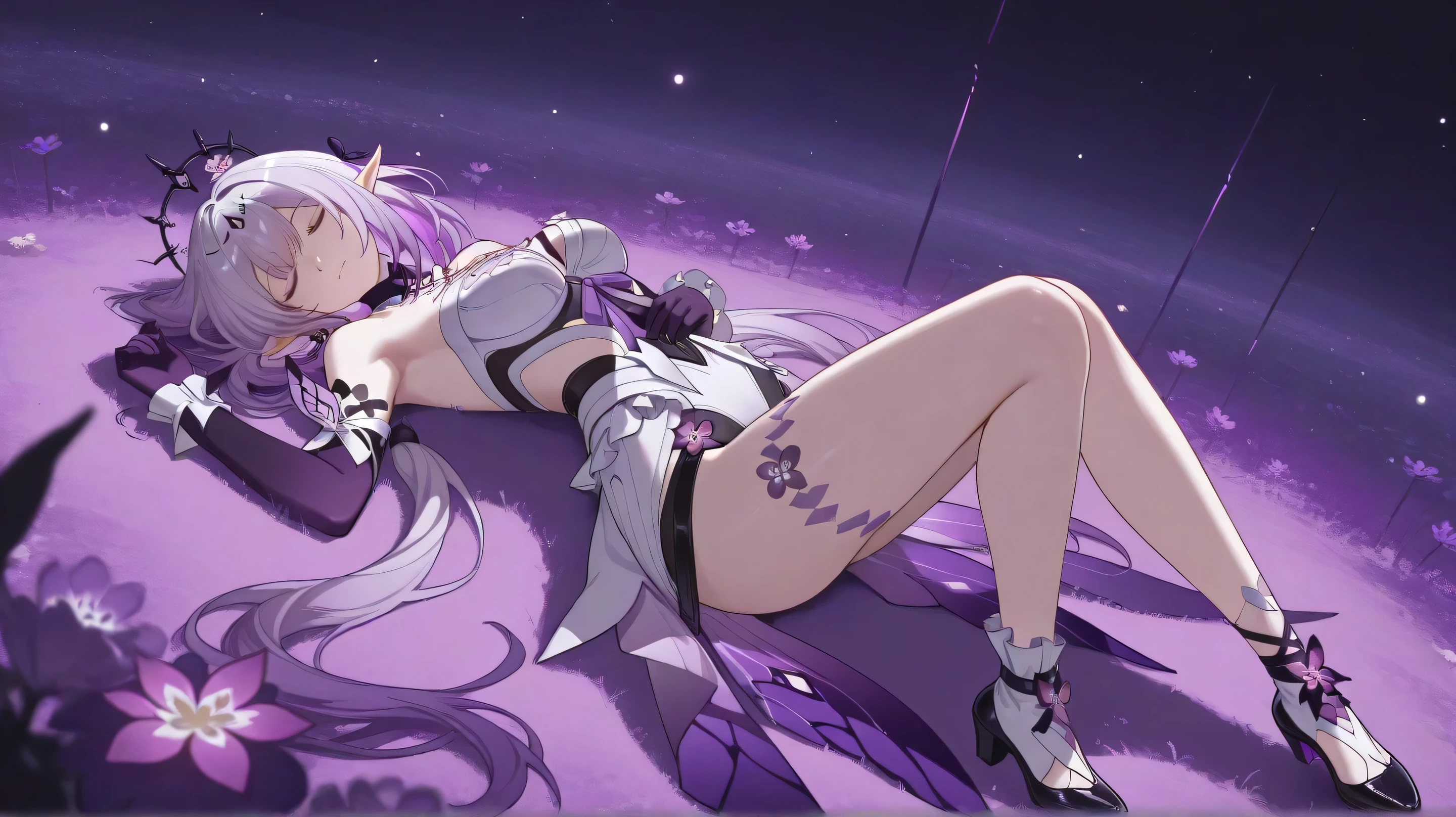 castorice honkai star rail, looking confident, eyes closed, half mouth open, lying down on field of purple flowers, 1 girl, full body, view on back, looking at back