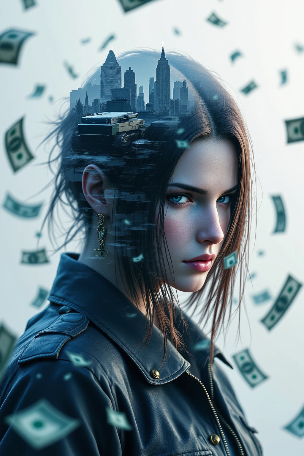 복합 Double Exposure , giant Stationery "VI"의 상단에 쓰여진 "Grand Theft Auto" Stationery, Police and mafia war, Double Exposure , Fighter , Double Exposure , tank, Double Exposure , Falling money뭉치고품질,4K,8K,super resolution,masterpiece,Extremely Detailed,Realistic,photorealistic,HDR,UHD,Studio lighting,Extremely elaborate painting,The ,physics-based rendering,Extremely Detailed 묘사,Professional ,vivid colors,보케복합적인 Double Exposure 효과, giant "VI" Stationery,crime city "Grand Theft Auto" Stationery,The confrontation between the police and the mafia,Fighter ,tank,Falling money,Stylish and violent atmosphere