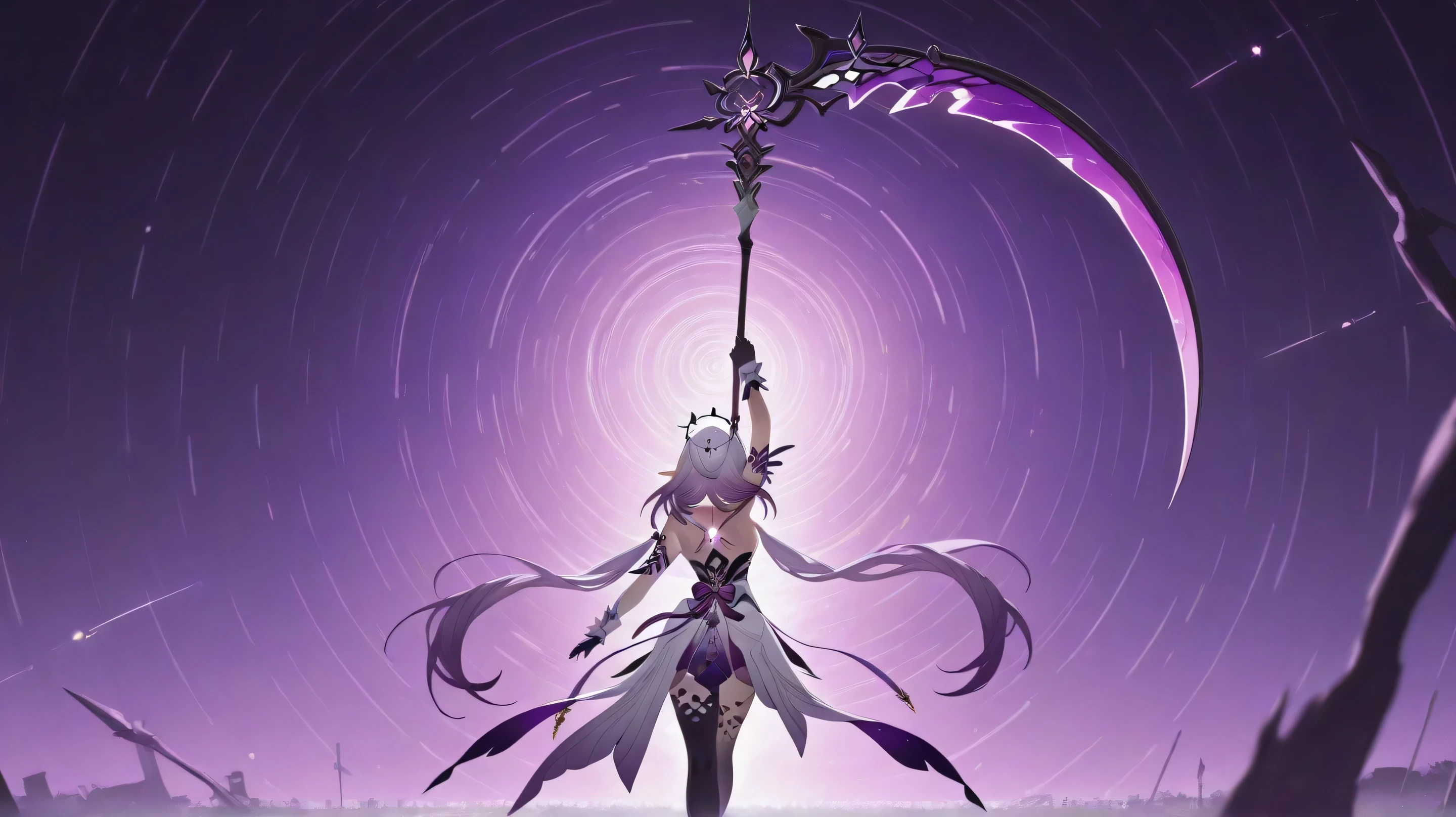 castorice honkai star rail, looking confident, dynamic pose, view on back, looking at back, holding scythe, spiral movement