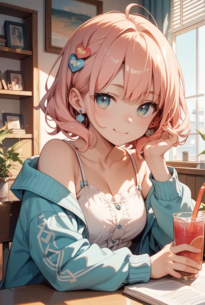 extreme close up face, Short off-shoulder hair in pink and white,Dignified and wonderful Girl, in a cafe, grin, with coffee