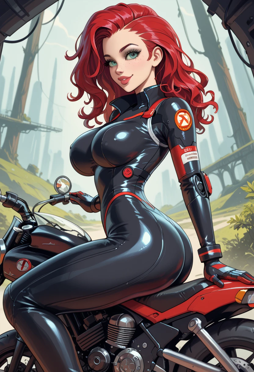 Femme Fatale, gorgeous mechanic, atompunk, blank background, retro-futurism, mechanical hand, cybernetic augments, unzipped orange jumpsuit, gunmetal grey, cleavage, half shaved head, ginger hair