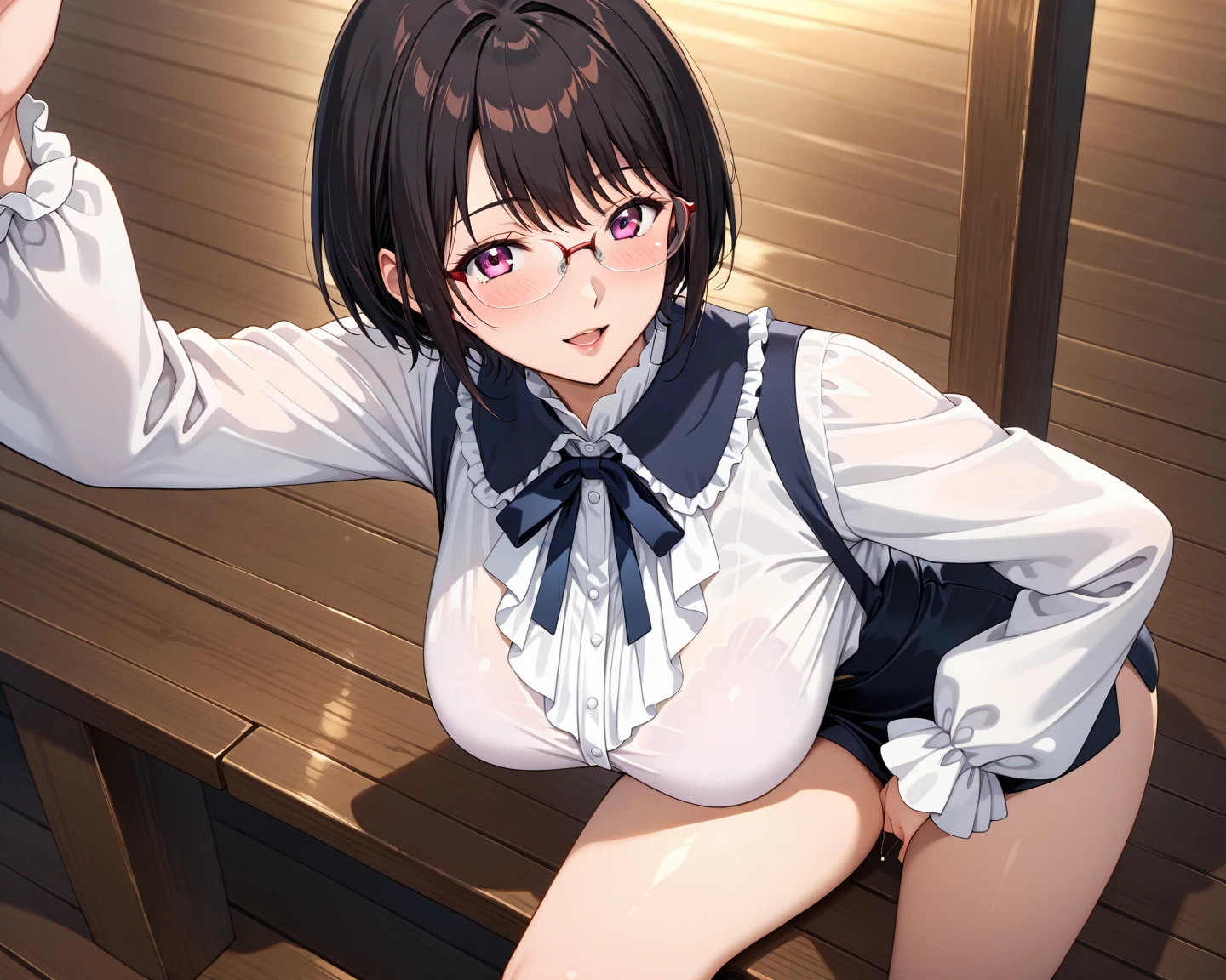 [[anime styled]],[[digitalart]],masterpiece,best quality,high resolution,Tomomi_Xijing,black hair,Short hair,Hair Ribbon,red eyes,midium build,NSFW,1girl in,solo,((sitting on the chair,reclining)),(Portrait),pussy focus,from below,short torso,Perfect Lighting,(School uniform,red school uniform,Winter clothes,Long sleeves,skirt,),(skirt lift,up skirt),show off panites,((black panties)),smile,(underwear:1.2), (strong light),((brighten the subject)),blush,spread legs, break background classroom,