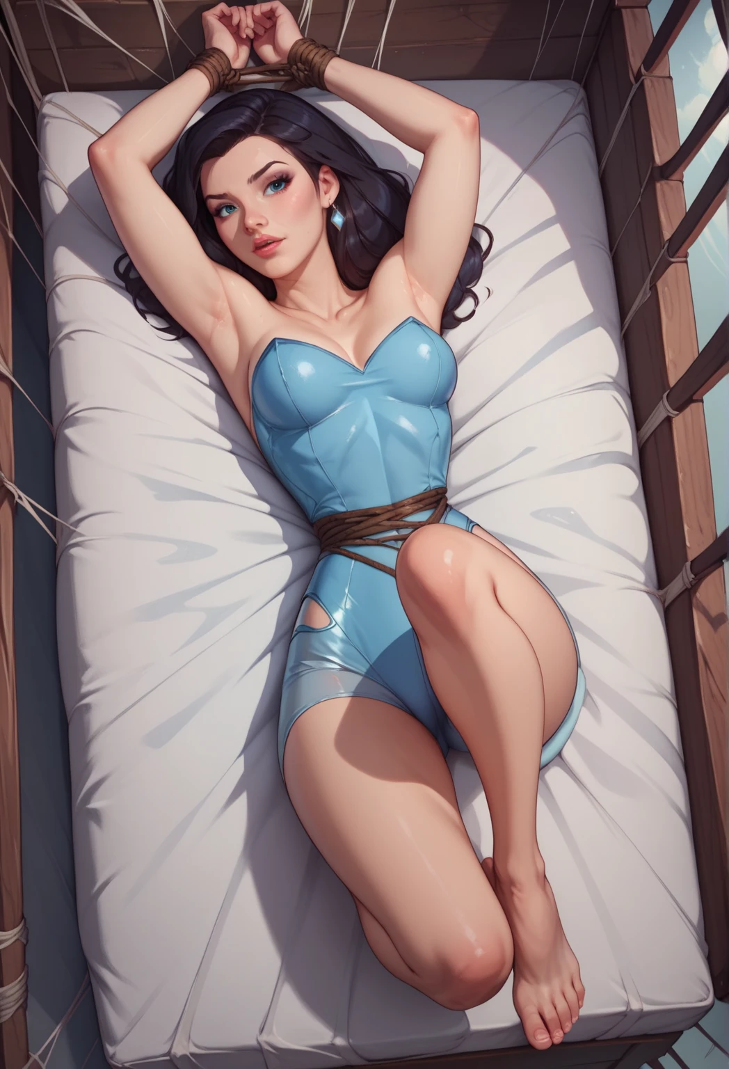 ((Best Quality)), ((masterpiece)), (detailed), 1 girl, lying on the canvas of a classic car wearing a blue and green swimsuit, wavy fur, by rubio, blue eyes, black heels, big breasts, neckline,((Whole body)), view from above,((profile view))