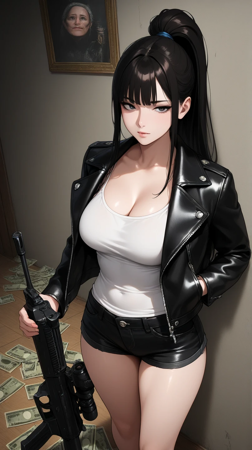fw.nush, long hair, evil smile, mature female, milf, long hair, lipstick, smile, Hot girl, baddie, staring, glaring, bad attitude, mean girl, dare, angry, hate, crazy, smoking, sensual, attractive, masterpiece, best quality, highly detailed, a girls with a gun, evil smile , open mouth, sexy gaze, badass
pose , evil smile, smile, (nsfw) not safe for work, guns blazing, anime girl with long hair, beautiful long
haired girl, navel, evil expression, exposed belly, exposed navel, exposed midriff, exposed lower belly,
long black pants, crop top, cleavage, unbuttoned leather pants ,open fly, low rise black leather pants,
leather jacket, holding a gun, holding pistol, navel piercing