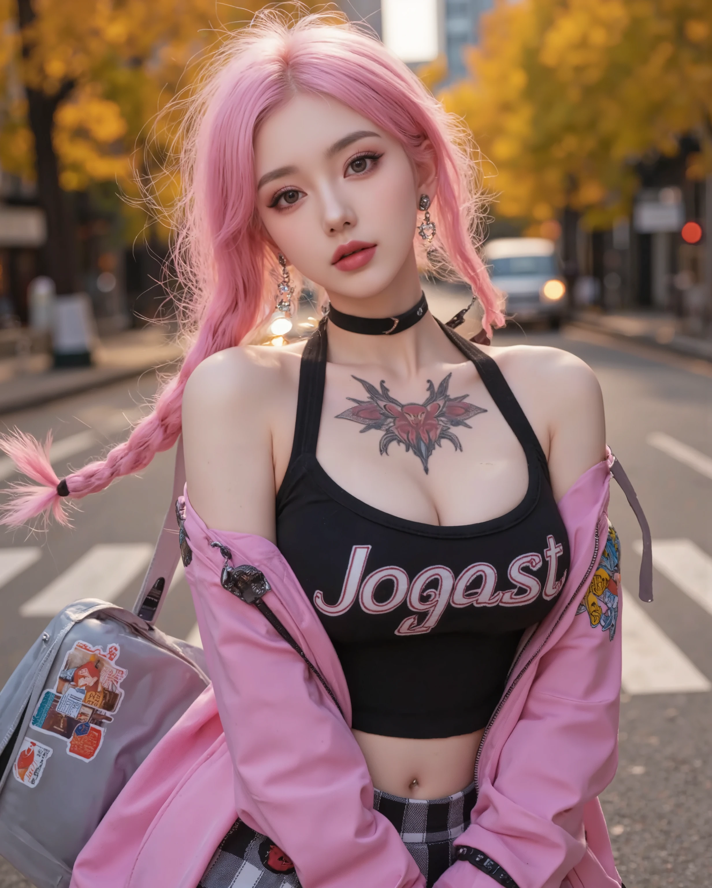 Perfect Style, Beautiful Face, Highly detailed face and skin texture, (Maximum resolution: 1.2), 1 female, alone, Hip Up, jewelry, (((He has many tattoos all over his body)), Streetwear, Play sports often, Pink Hair, Shorts, Sports boots, (((Tight waist))), ((Big Breasts))