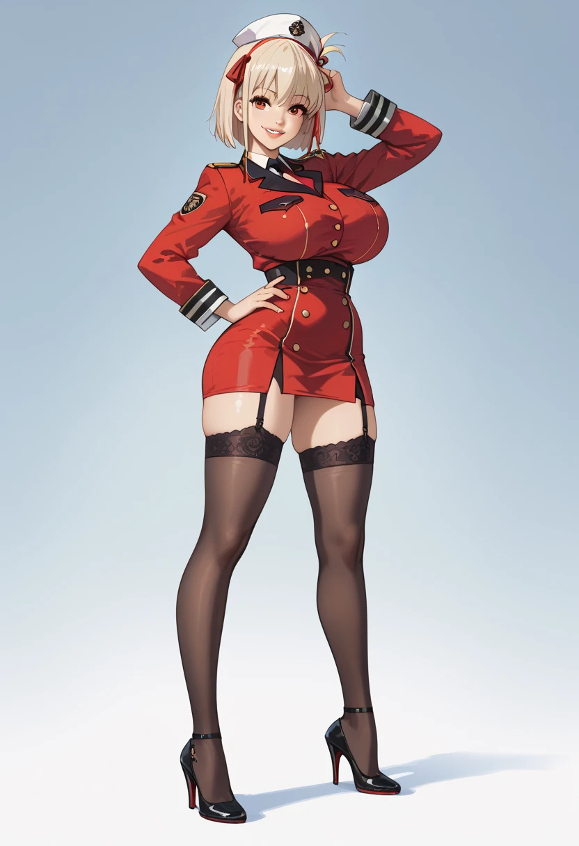 Huge perfect breasts excellent round fully reinforced、Perfectly placed and detailed parts、Very erotic、Perfect physique、Transcendent Giant Colossal Colossal boobgasm、red body suit、a miniskirt、Red spats、Black long boots、Yellow round brooch on the chest4One、Yellow muffler、Muffler fluttering in the wind、Green eyes、Short bob blonde hair、red hairband、Laser Gun、Smile softly、Radar Sense、