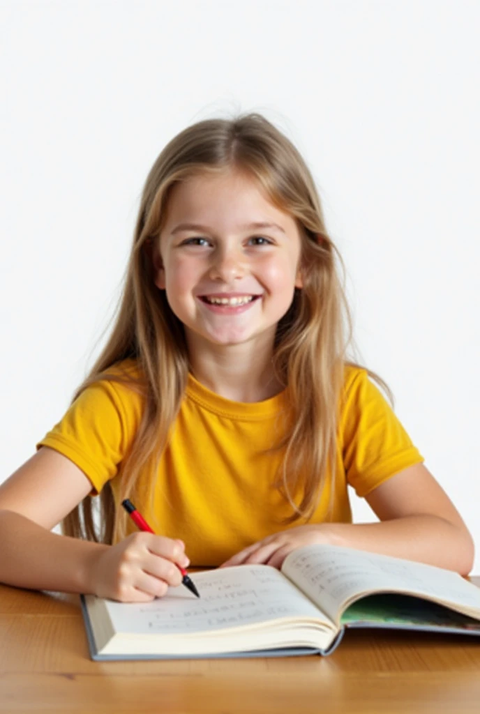 ((highest quallity)), ((photo realist)). A blonde child, 14歳, in position "from cowboy shot", looking at the camera, holding school notebook, with a pink t-shirt, beige background, advertising photo